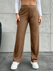 Pantalones rectos de unicolor informales de talla grande - Marrón Mocha - Ver 2