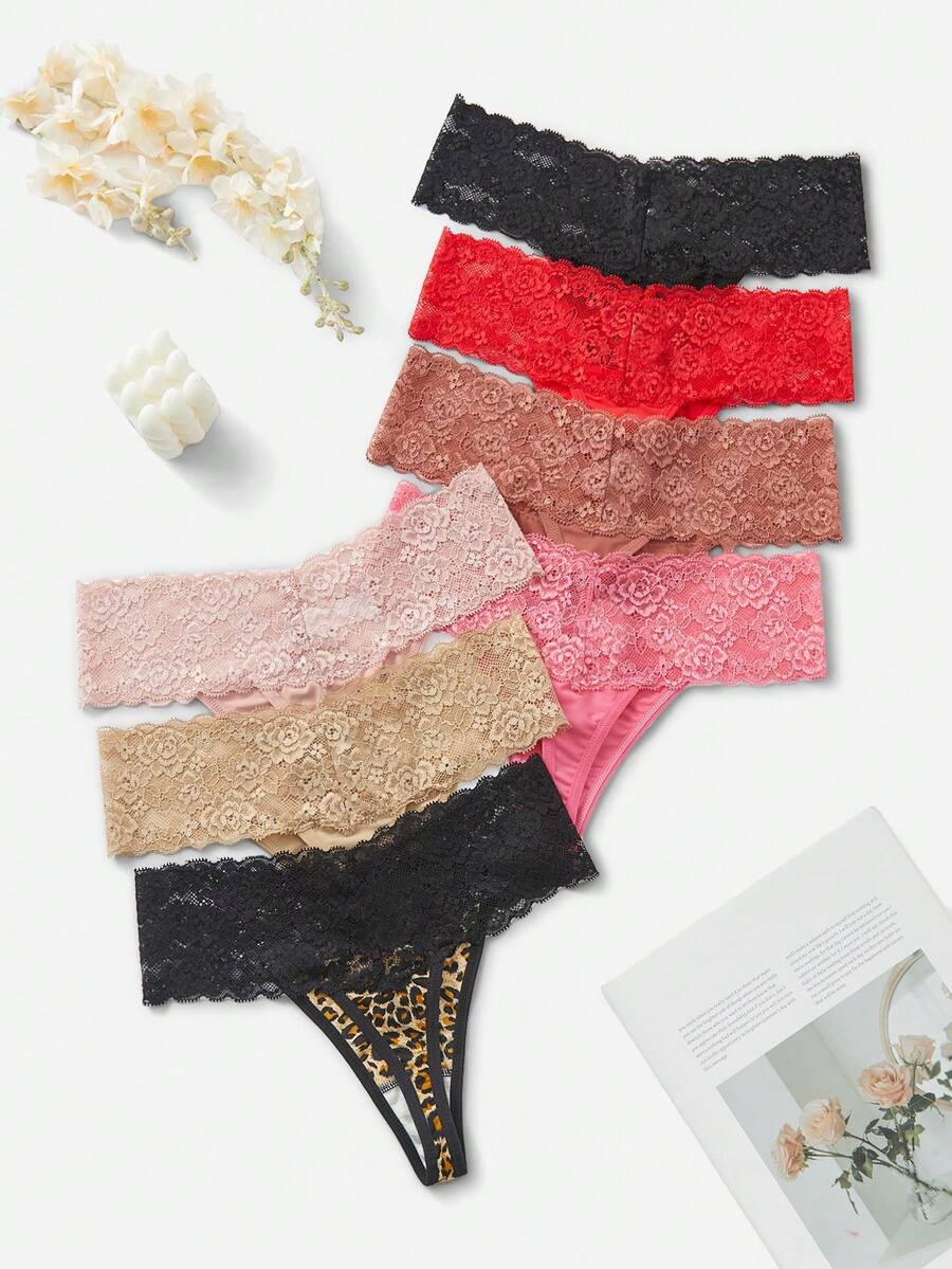 SHEIN 7pcs/Set Women Sexy Lace Patchwork Thong Panty - Multicolor - View 1