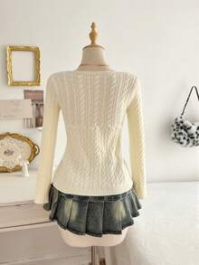 Elamini 复古休闲女式纯色前开襟纽扣方领长袖开衫 - 米色 - 查看 2