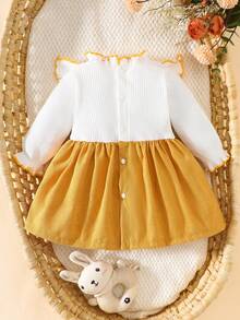 Newborn Baby Girl Butter Yellow Dress Long Sleeved Lace Collar Patchwork Bow Birthday Outfit Summer Elegant Retro Cute Clothes For Spring Fall - Yellow - View 3