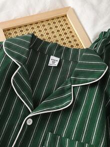 4-Season Boys' Green Striped Minimalist Woven Cardigan Collar Long Sleeve Pajama Set, Loungewear For Big Kids Striped Pajama Set - Green - View 4