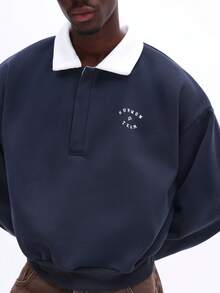 SUMWON 长袖翻领 Polo 衫，纽扣门襟，胸前小 Logo，常规版型，休闲套头衫，纯色 - 藍色 - 查看 5