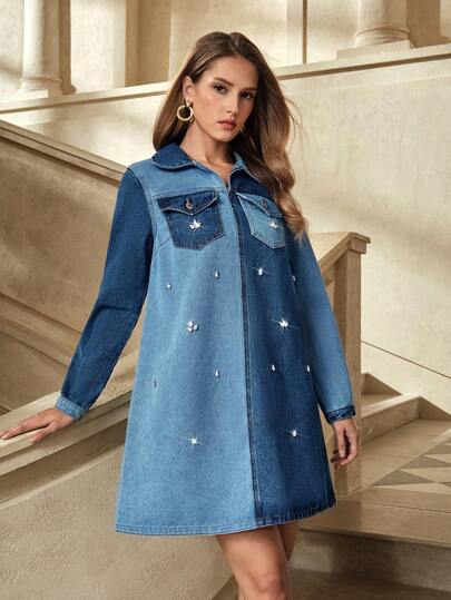 Selenza Women's Denim Dress With Turndown Collar And Rhinestone Decor, Long Sleeve, Fashionable For Daily Commute
