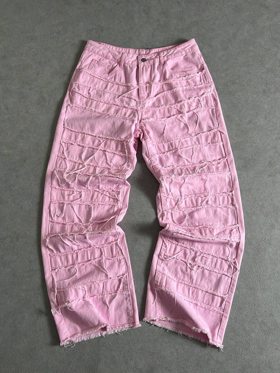 Manfinity ZONE917 男式宽松破洞口袋阔腿休闲牛仔裤 - 粉色 - 查看 1