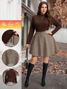 SHEIN LUNE Conjunto elegante de 2 piezas de talla grande con blusa de cuello redondo de manga larga lisa y falda con estampado a cuadros, ropa de otoño de talla grande - Marrón - Ver 8