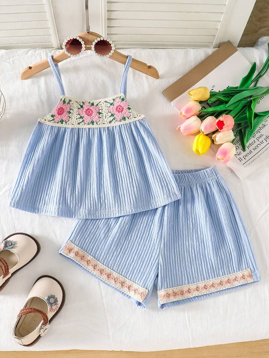 Genkimix Kids Girls Blue Spaghetti Strap Camisole And Shorts Set With Floral Embroidery For Vacation