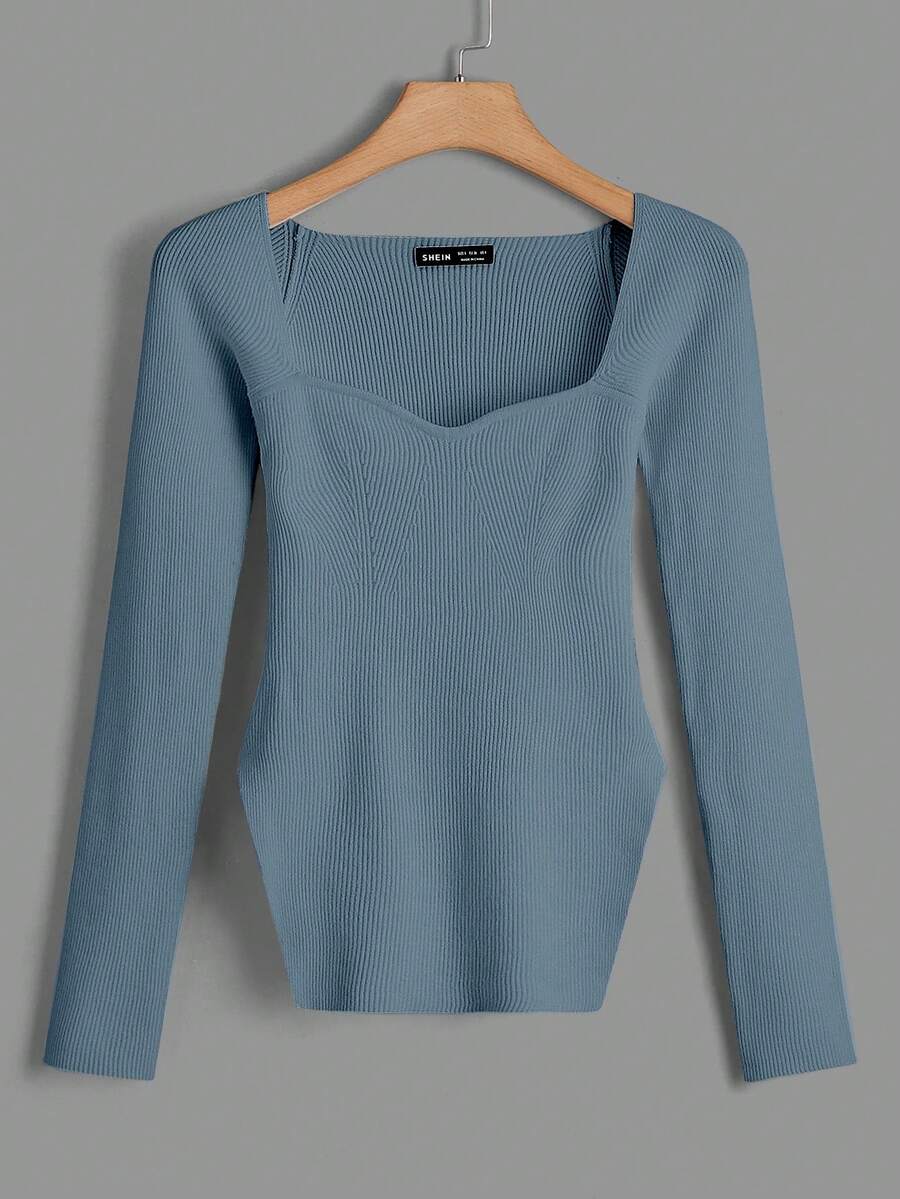 SHEIN Cottnline 女士纯色心形领长袖休闲套头毛衣 - 灰色 - 查看 1
