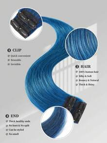 ROMWE Goth Kolorowe doczepiane włosy, 100% naturalne włosy, kolor niebieski, 2 szt., z 4 klipsami, proste pasemka, kolorowe doczepiane włosy, tęczowe doczepiane włosy dla wszystkich rodzajów włosów i miłośników mody - SBlue - Zobacz 6