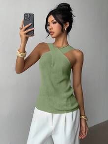 Elenzga Cross-Neck Minimalist Niche Design Casual Knit Top - Green - View 3
