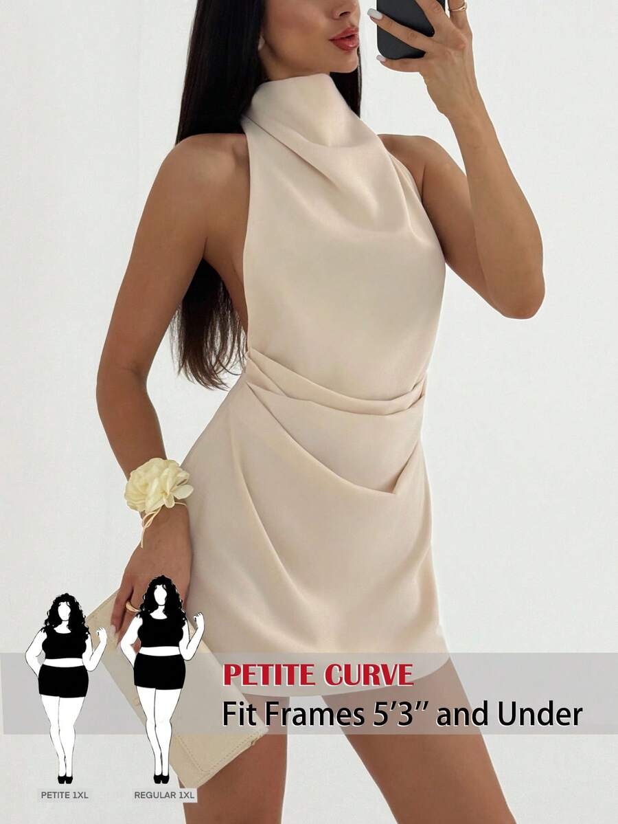 SHEIN PETITE CURVE 大码时尚性感纯色露背吊带迷你连衣裙 - 杏色 - 查看 1