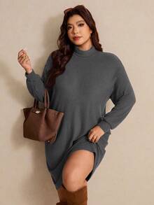Elaquor Plus Size Solid Color Turtleneck Long Sleeve Casual Dress, Autumn/Winter - Dark Grey - View 3