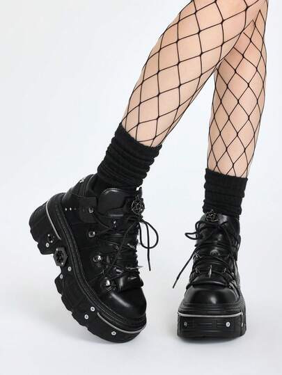 ROMWE Grunge Punk بوت كاحل نسائية ذات منصة مسطحة بطراز بانك، أسود، رأس مستدير، كعب عالي، بوت رياضية سميكة ذات قاع ناعم، بوت روك مربوطة، بوت رياضية كاجوال مطاطية للتزلج