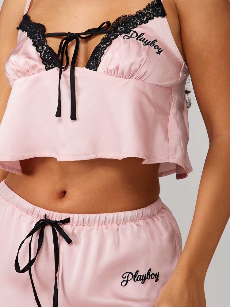 Missguided x Playboy Silky Satin Pajama Set With Lace Trim Camisole And Wide Leg Pants For Comfortable Sleepwear