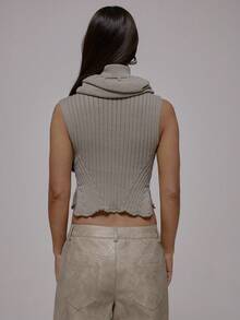 MUSERA Top à col montant extrême, manches courtes, avec fermeture éclair, en tricot côtelé. automne-hiver streetwear, style cool girl Y2K, pour un look casual quotidien. Couleur sépia - Kaki - Voir 2