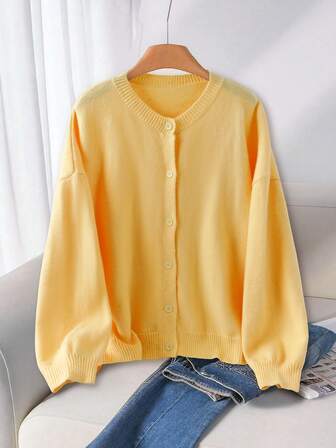 SHEIN CURVE+ Plus Size Women's Casual Loose Basic Yellow Crew Neck Lantern Sleeve Cardigan Sweater, Autumn/Winter
