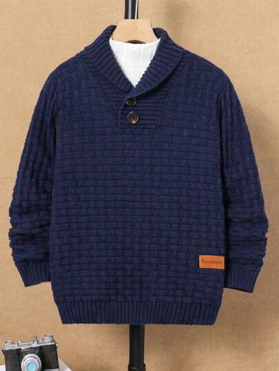 SHEIN 青少年男孩纹理领口细节装饰节日氛围长袖毛衣，休闲，学院风，舒适，时尚，多功能，面料柔软，适合日常穿着、上学、郊游、户外活动、秋冬、节日、派对