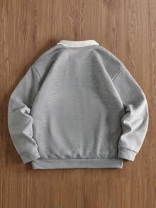 TOKVUE 男士宽松撞色 Polo 领长袖卫衣，秋冬款 - 淺灰色 - 查看 2