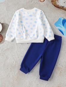 BABY SHARK X SHEIN 2pcs Baby Boy Cartoon Shark Family Print Sweatshirt And Pants Set, Autumn/Winter - Blue - View 2