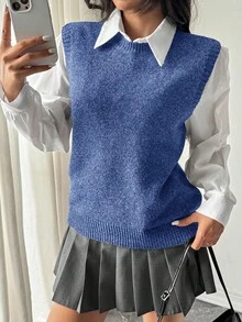 Zielony Damen einfarbige Rundhals vielseitig Pendler Strickweste