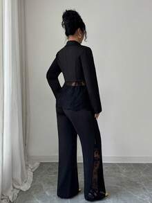 Elenzga Completo elegante da donna composto da blazer monopetto con inserti in pizzo e pantaloni, stile casual, adatto per l'ufficio e il tempo libero, in stile francese vintage, 2 pezzi, autunno/inverno - nero - Visualizzare 2