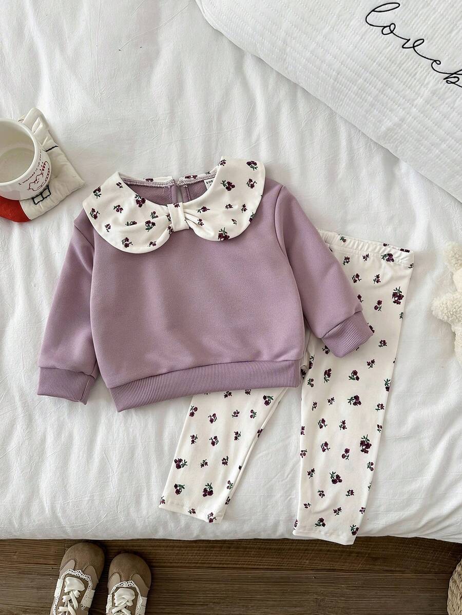 SHEIN Baby Girl 6Months-3year 2pcs/Set Fall Outfits For Girl Casual Daily Style Loose Suit, Flower-Printing Collar Long Sleeves Topt&Flower-Printing Long Simple Basic Pants - Purple - View 1