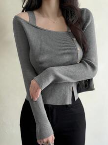 DAZY Women's Oblique Shoulder Strap Tight Wrap Sweater - Grey - View 1