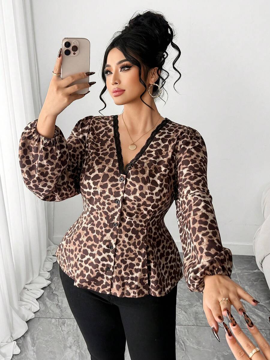 Elenzga Plus Size Women Elegant V-Neck Cinched Waist A-Line Long Sleeve ...