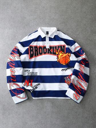 Prep Herren Langarm T-Shirt, blau & weiß gestreift + Basketball Flammen Muster auffallend, Polokragen Design für ein verfeinertes Aussehen, geeignet für den täglichen Gebrauch und Basketballspiele, perfekt für Basketballbegeisterte