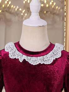 Vestido lindo con mangas abullonadas, dobladillo con volantes de encaje en contraste para niña - Burdeos - Ver 4