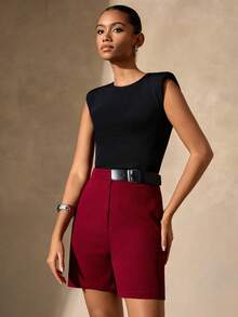 EURMUSE Women's Elegant Commuter Versatile Shorts With Waist Buckle Design - Burgundy - View 4