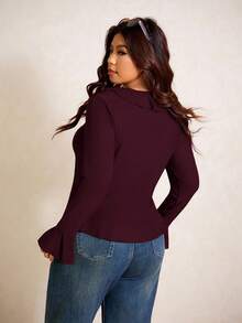Elaquor Blusa de mujer de talla grande con cuello de volantes, manga acampanada y lazo delantero en unicolor, para primavera. Blusa con lazo delantero para mujer en primavera - Burdeos - Ver 2