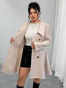 Elenzga Vestido blazer elegante plus size feminino, cor sólida, lapela, manga longa, punho de pele de coelho, cintura marcada, abotoamento duplo e barra evasê. Ideal para o inverno e outono. - Damasco - Ver 4