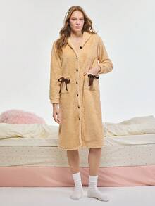 Bonmuse 女款秋冬法蘭絨毛絨睡袍，保暖珊瑚絨寬鬆舒適家居服，適合室內外穿著，舒適夏日穿搭 - 杏色 - 查看 1