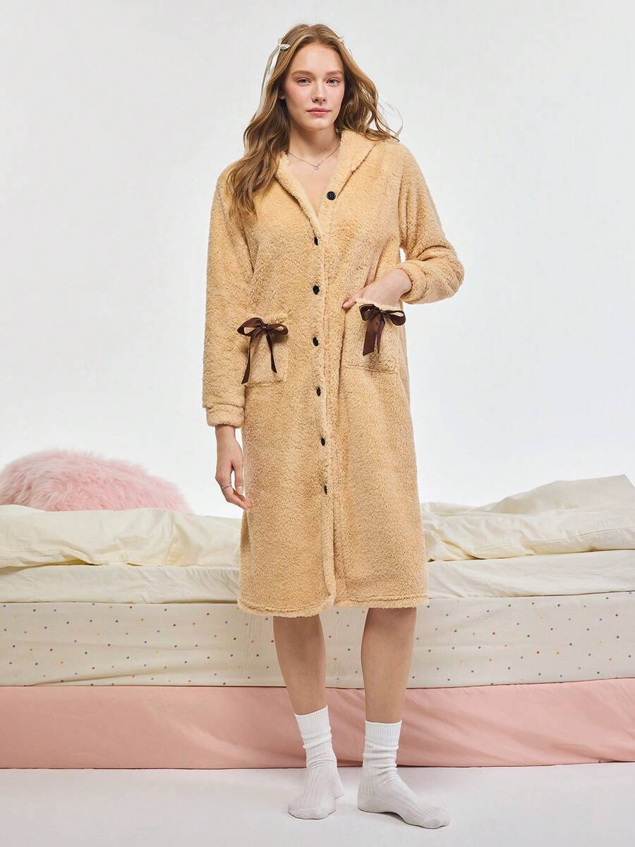 Bonmuse 女款秋冬法蘭絨毛絨睡袍,保暖珊瑚絨寬鬆舒適家居服,適合室內外穿著,舒適夏日穿搭 - 杏色 - 查看 1