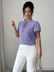 Mulvari Camisa de unicolor de manga corta, minimalista y casual para uso diario - Púrpura malva - Ver 9