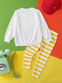 LOONEY TUNES X SHEIN 2pcs/Set Young Girl Cartoon Tweety Bird Embroidery White Sweatshirt And Yellow-White Striped Print Leggings, Suitable For Autumn/Winter