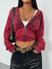 StreetHx Women's Y2K Style Gothic Retro Distressed Loose Sweatshirt Streetwear, Autumn/Winter - Burgundy - View 3