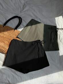 SHEIN EZwear Plus Size Casual Solid Color Tie-Up Wrap Shorts, Summer Cotton Wrap Skirt Two Pieces Skirt Set 2 Pieces Cotton Set Cotton Shorts Women Summer Shorts - Black - View 3