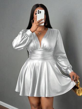 Slaydiva 2024 New Year/Valentine's Day/Easter/Western Elegant & Casual & Party & Date Night Long Sleeve Design Black PU Low-Cut A-Line Plus Size Women Dress, Mini Dress Suitable For Spring & Autumn