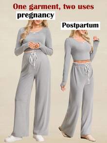 SHEIN 2pcs Maternity Set: Long Sleeve Round Neck Lace Front Bow Decor Top, Lace Waistband Drawstring Elastic Waist Straight Leg Pants - Light Grey - View 3