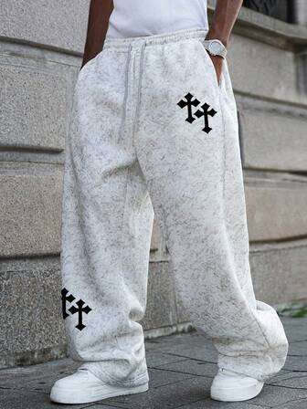 Street Life Pantaloni della tuta larghi con stampa alla moda da uomo, pantaloni casual con stampa a croce