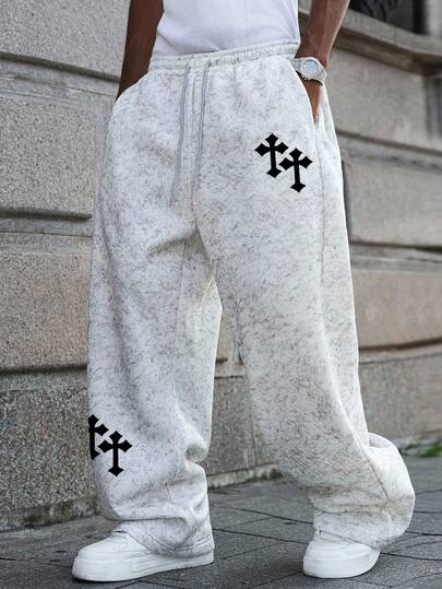 Street Life Pantalones de chándal holgados con estampado de moda para hombres, pantalones casuales con estampado de cruz