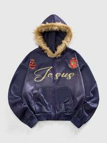 ROMWE MEN Áo hoodie có khóa kéo phong cách sinh viên thường ngày dành cho nam, Thu/Đông - Màu xanh hải quân - Xem 1