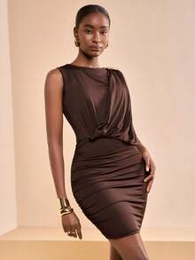 Zivah Women's Elegant Brown And Gold Summer Chocolate Knit Draped Dress,Bar Party One Shoulder Metal Decor Button Ruffle Hips Slit High-End Mini Skirt Dress - Brown - View 5