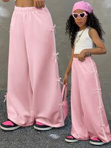 SHEIN 粉色少女蝴蝶装饰阔腿运动裤 - 粉色 - 查看 6