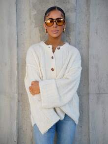 SAYEHFBABY Oversized Drop Shoulder Button Down Knit Cardigan Fall Cute Streetwear Festival Farmhouse , Country, Vintage, Fall Autumn Winter Christmas Evening Party Elegant  Winter - Cream - View 4