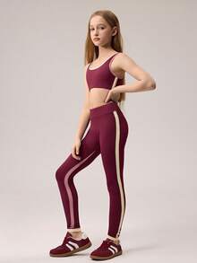 SHEIN Conjunto de top y leggings activos para niñas preadolescentes, sujetador deportivo de color burdeos con empalme y pantalones de yoga, burdeos con rayas de contraste suave amarillo y rojo, tela elástica cómoda, adecuado para entrenamiento en casa, actividades al aire libre, correr, fitness - Multicolor - Ver 3