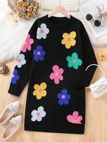 Girls Black Floral Knitted Long Sleeve Sweater Dress,Cute Flower Pattern French Style Autumn Dress For Holiday,Back-To-School Fashion Long Sweater - Black - View 1