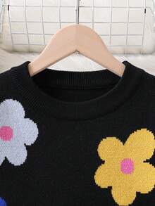 Girls Black Floral Knitted Long Sleeve Sweater Dress,Cute Flower Pattern French Style Autumn Dress For Holiday,Back-To-School Fashion Long Sweater - Black - View 5
