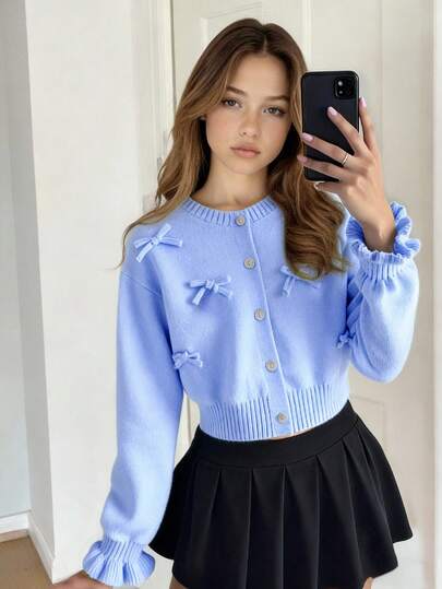 SHEIN Tween Girl Y2K Tatlı Fiyonk Süslemeli Vintage Örgü Kazak, Günlük Çok Amaçlı Okul Dönüşü Kışı